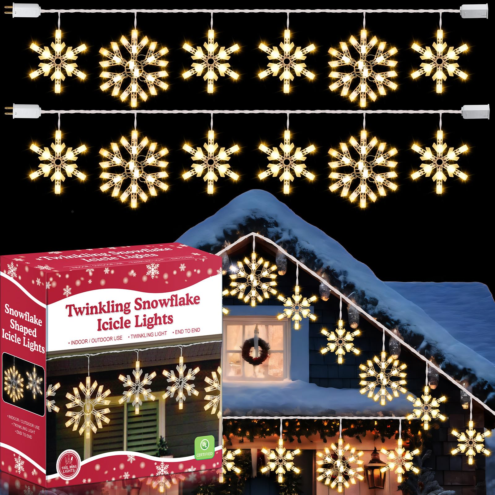 Photo 1 of 2 Pack Twinkling LED Christmas Snowflake Lights with 6 Drops, 8.8FT 14 of 100 Random Twinkle Christmas Snowflake String Lights, Connectable Hanging Plug in Icicle Light for House Roof (Warm White)