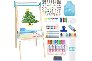 Ranqibo Wooden Adjustable Kids Easel, Learning Toy for Boys and Girls Aged 3-4 4-8 8-12, Wooden Blackboard & Magnetic Whiteboard & Drawing Paper Holder, 2 Drawing Paper Roll