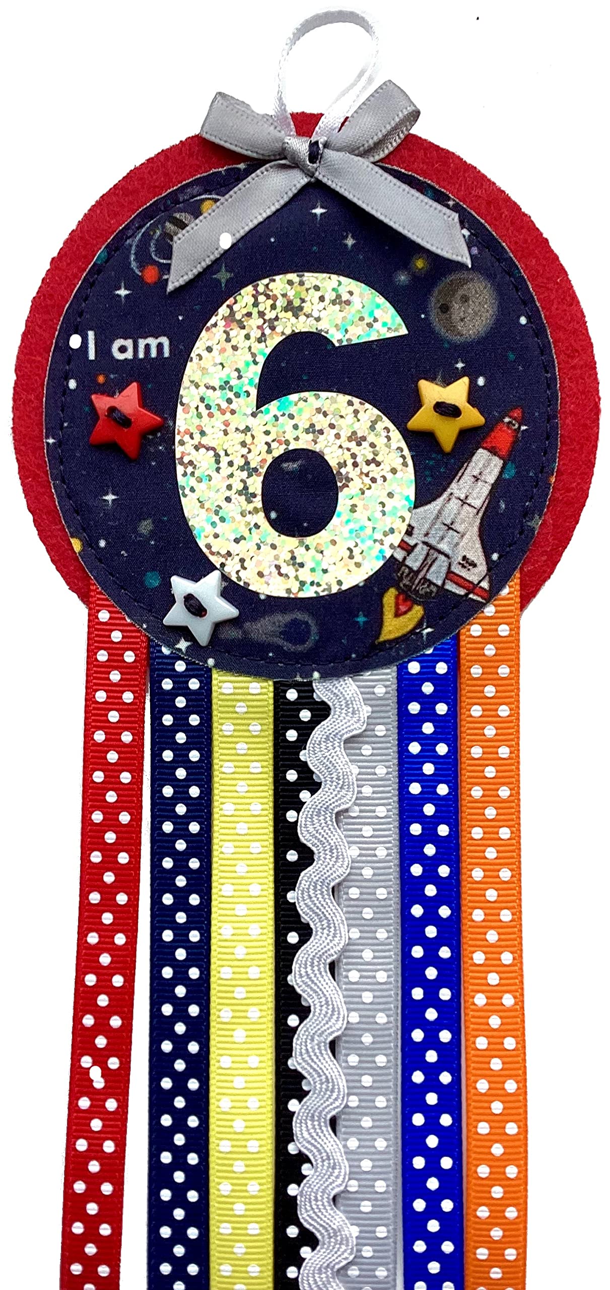 Ditsy Rosettes Space Shuttle Rocket Birthday Rosette Badge - Age 3, 4, 5, 6, 7, 8, 9 - Perfect Party Gift card – Birthday Boy, Birthday Girl (Age 6)