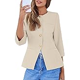 Simplee Womens Business Casual Blazers Spring Fashion Collarless Button Down 3/4 Sleeve Dressy Blazer Jacket Work Outfits