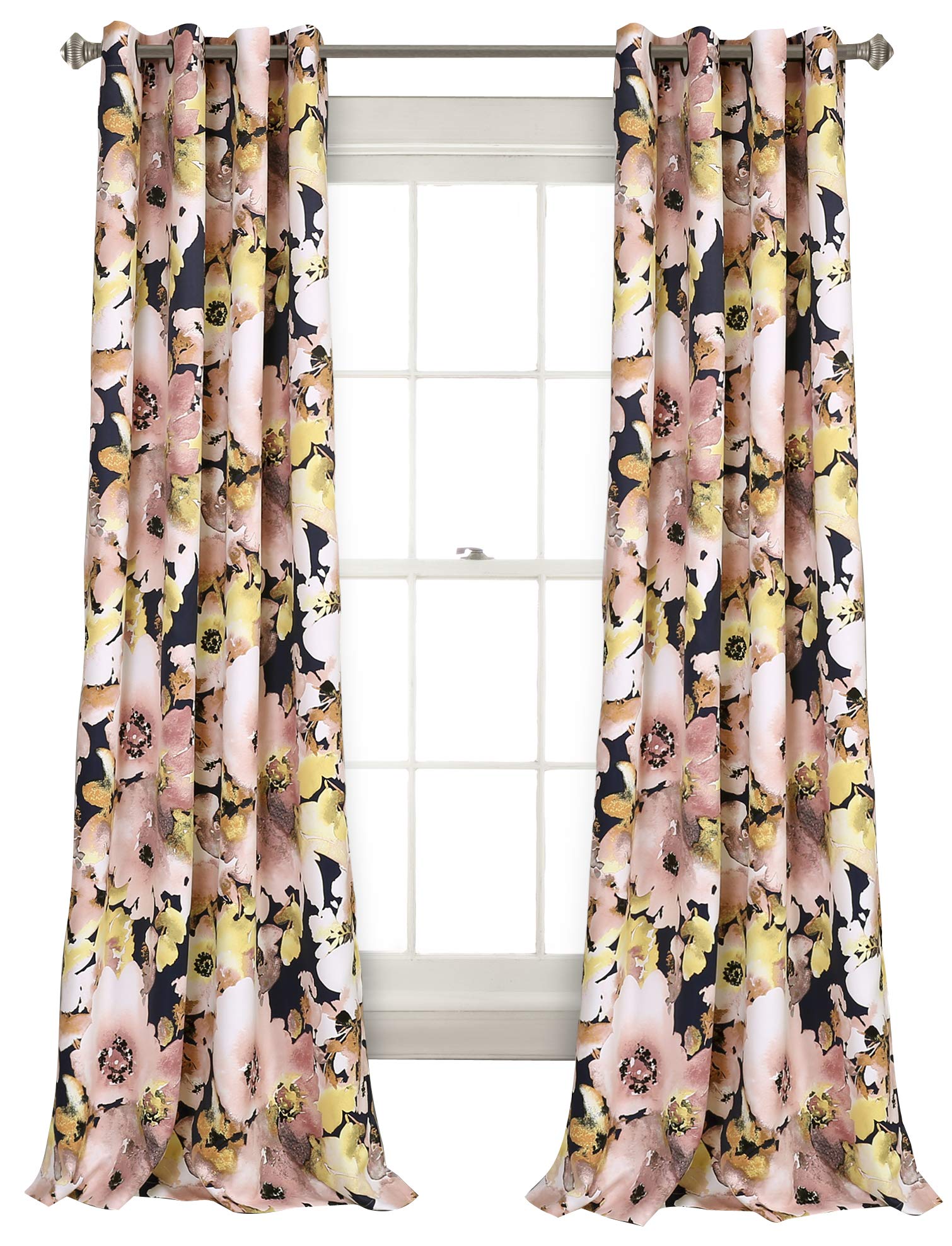 Photo 1 of Lush Decor Floral Watercolor Light Filtering Window Curtain Panel Pair, 84" x 52", Navy