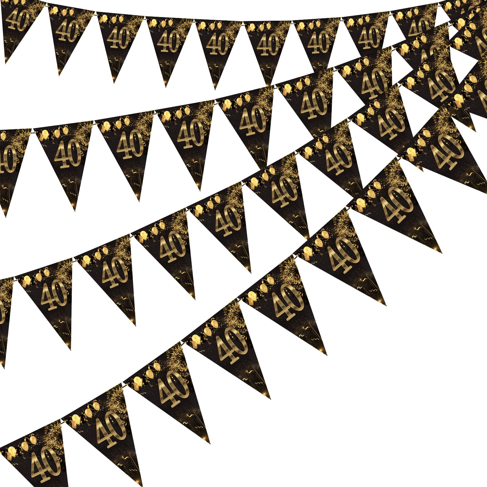 40th Happy Birthday Banner Bunting Flags 40 Pieces Gold and Black Glitter Birthday Anniversary Theme Party Decoration Supplies