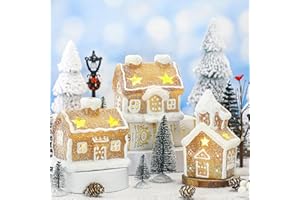 GlikCeil 17pcs LED Christmas Gingerbread Village Sets 3 Ceramic Gingerbread Houses Decor 2 Birch Trees 10 Pine Trees 2 Streetlight Christmas Figurines for Mantel Tabletop Shelf Decor