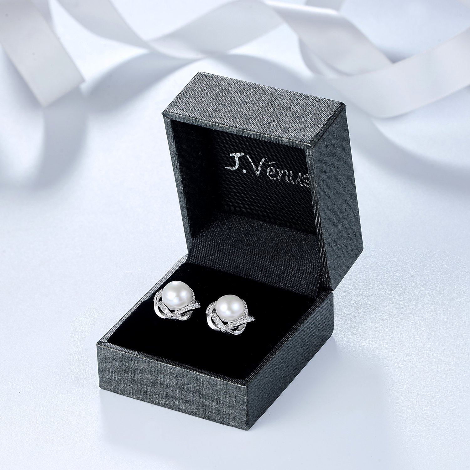 J.Vénus Damen Ohrringe Kleine Perle Ohrstecker Set Basic 925 Sterling Silber Zirkonia mit Etui