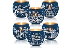 Jingmore 6 Pcs Votive Candle Holder Glass Votive Holder Flameless Candles with 6 Laser Engraving Patterns for Party Decor(Navy,Christmas)