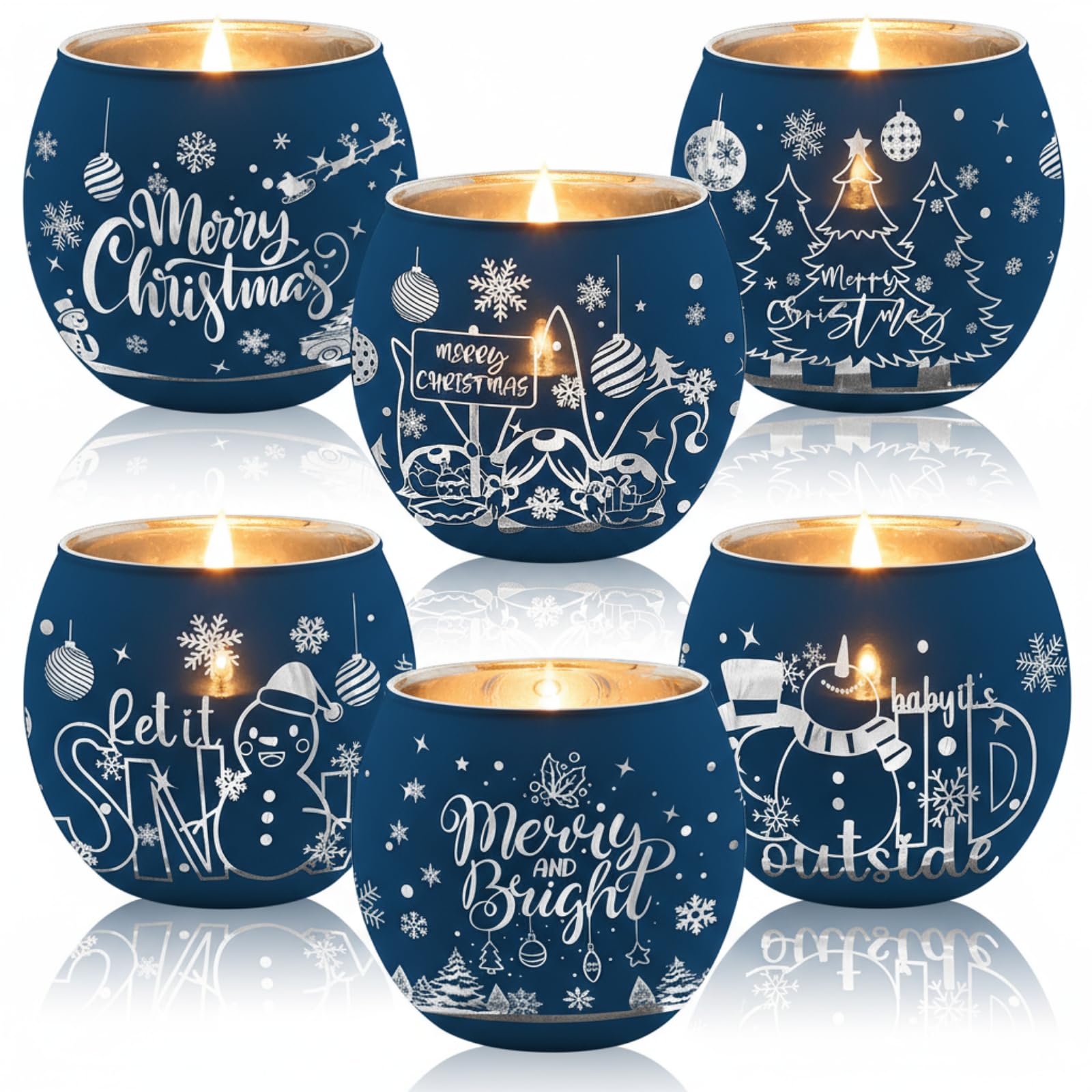Photo 1 of Jingmore 6 Pcs Votive Candle Holder Glass Votive Holder Flameless Candles with 6 Laser Engraving Patterns for Party Decor(Navy,Christmas)