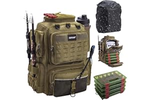 Goture 45L Fishing Backpack with Four 3600 Tackle Boxes & Rain Cover, Water-Resistant Fishing Tackle Bag with Adjustable Comp