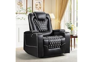 ANJ Power Recliner Chair with USB Ports and Cup Holders - Overstuffed Electric Home Theater Seating PU Leather Reclining Furniture with Hidden Arm Storage, Easy to Clean (Black)