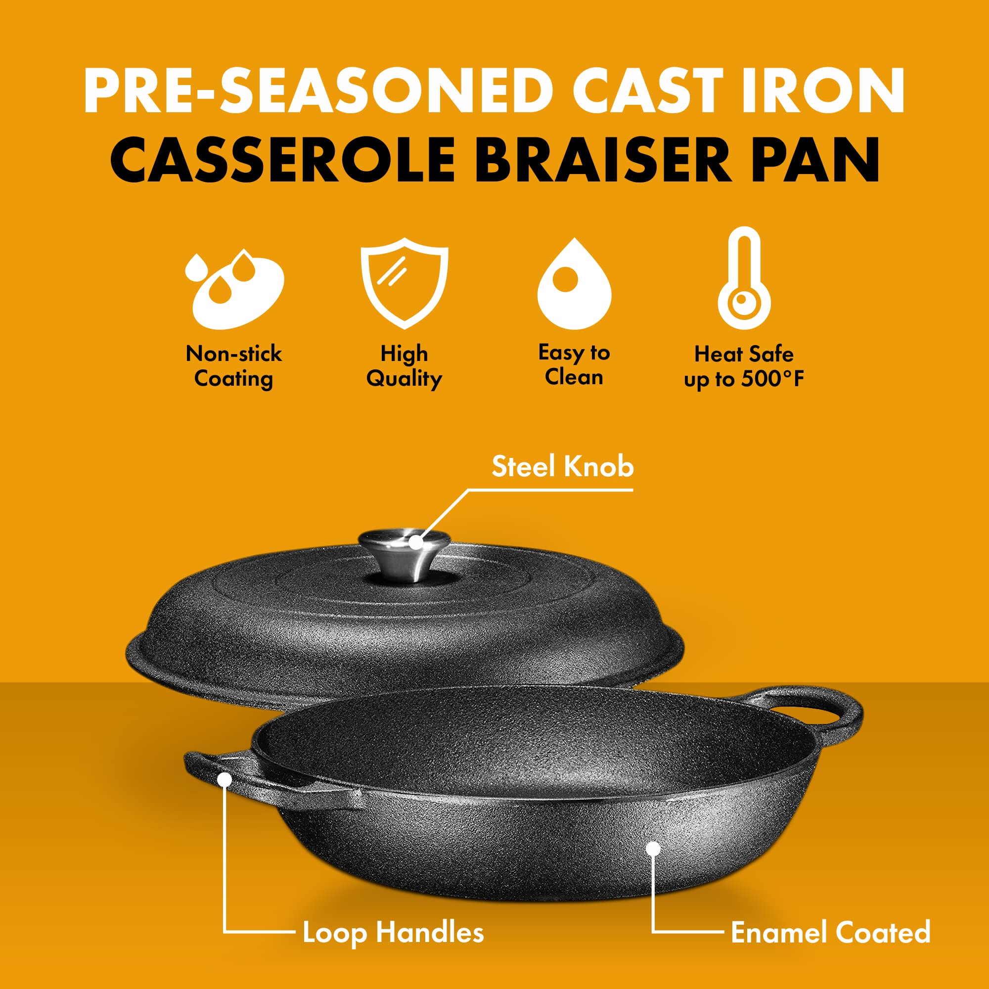 Bruntmor 3.8 Quart Enamel Cast Iron Dutch Oven With Handles And Lid, 3.8 Qt Black Cast Iron Skillet, Enamel Shallow Cookware Braising Pan For Casserole Dish, Crock Pot Covered With Cast Iron- Black
