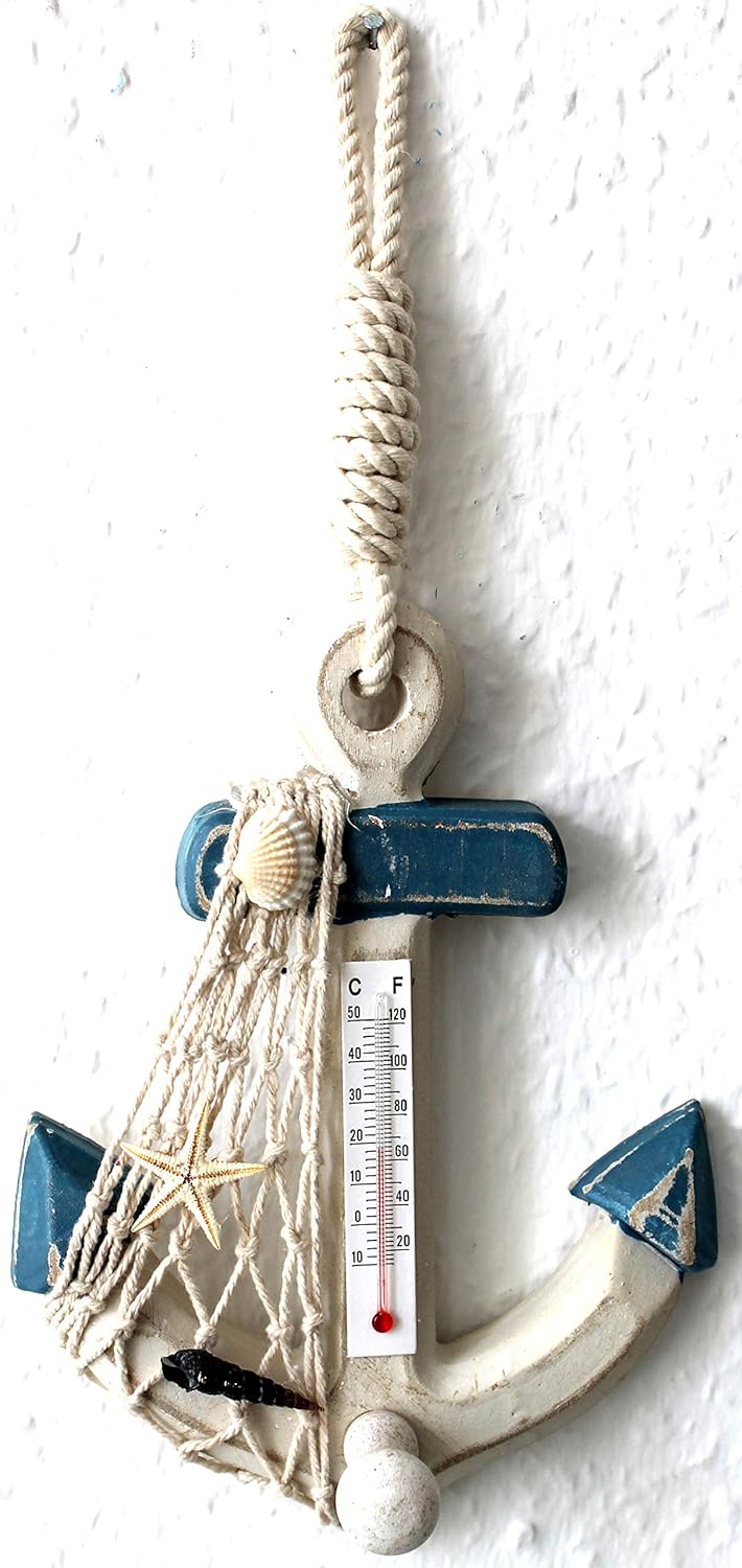 Deko Anker 17cm mit Thermometer und Haken Holz m. Seestern Muschel