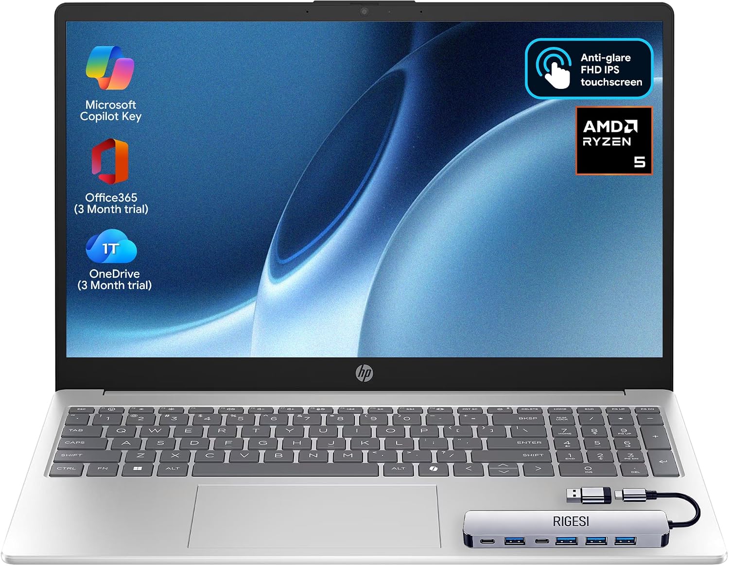 HP 15.6" FHD Touchscreen Laptop – AMD Ryzen 5 7520U (Beats i7-1165G7), 8GB DDR5 RAM, 256GB SSD, 3-Month Office 365 Trial, Windows 11 Pro, WiFi 6, HD Camera – with Docking Station Included