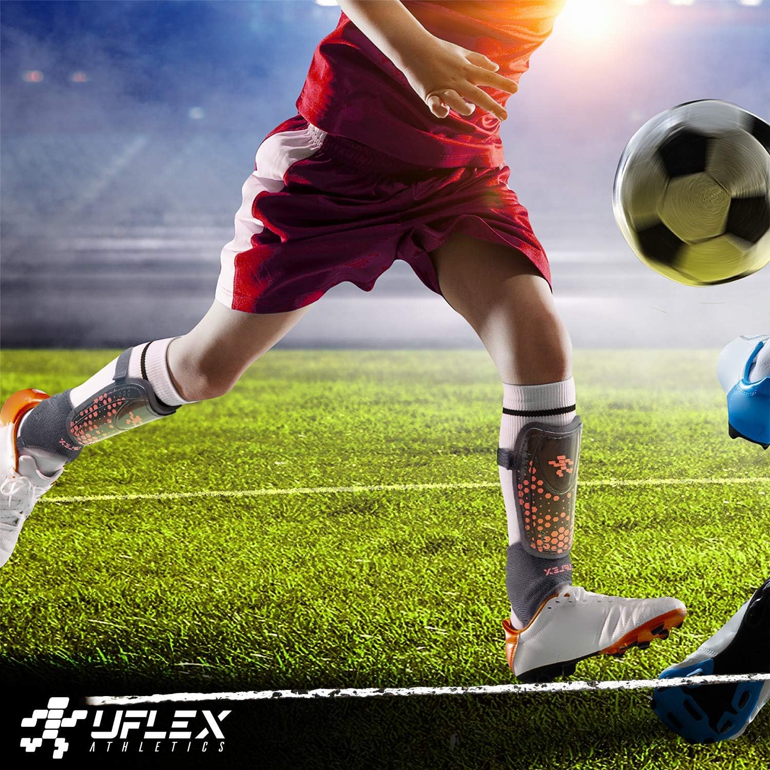 UFlex Athletics Slip and Slide Shin Guards for Kids and Teens - Protective Soccer Gear for Boys and Girls with Padded Ankle Support - Non Slip Adjustable Straps : Sports & Outdoors