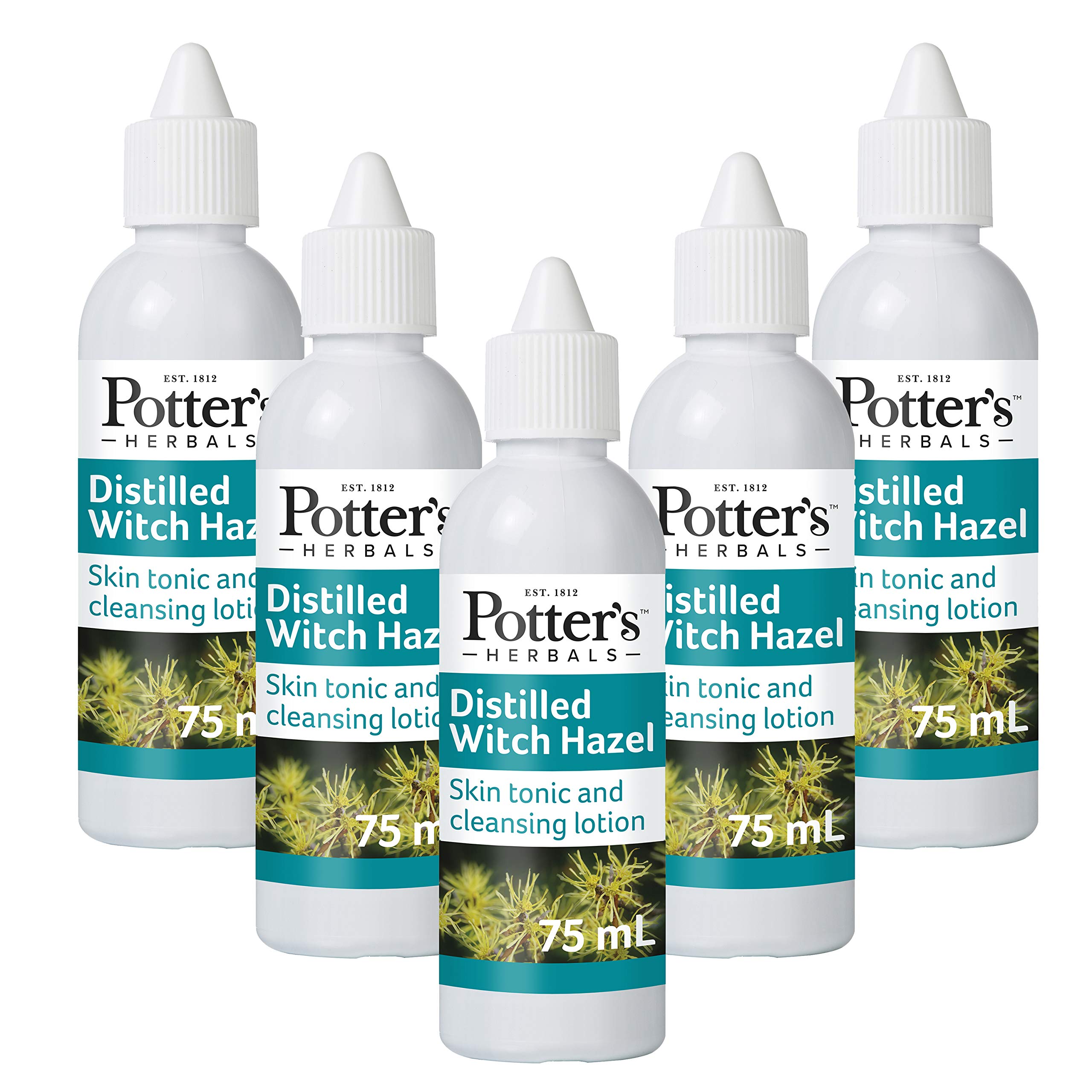 Potter's Herbals Distilled Witch Hazel | 75 ml Bottle | with Hamamelis Virginiana Twig Extract (Witch Hazel) | A Skin Tonic Used to Cleanse & Refresh The Skin, Pack of 5
