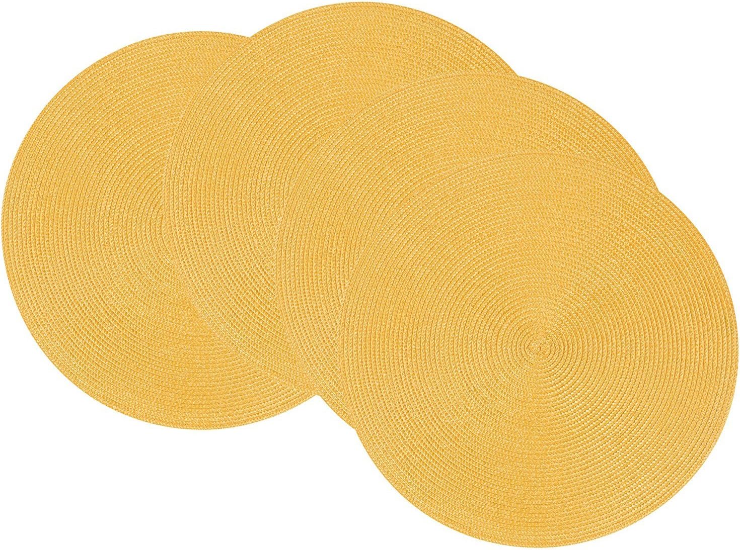 4Pcs/lot Round Weave Placemat Fashion PP Dining Table mat Disc Pads Bowl Pad Coasters Non-Slip Waterproof Table Decoration (Yellow)