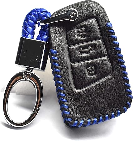 Amazon 3ボタンvwフォルクスワーゲンキーレスエントリー用本革キーフォブカバーリモートスマートキーケースプロテクターと編組コードキーリング赤い文字列 青い文字列 キーケース キーホルダー 車 バイク