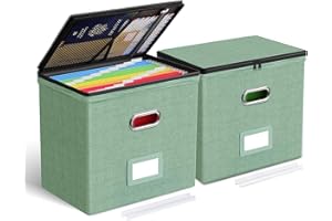 Oterri 2 Pack File Organizer Boxes with Lids, File Box with Mesh Pockets, Document Organizer Box for File Folders Letter Size, Zippers Filing Box for Home, Office, School (Green, Without Folders)