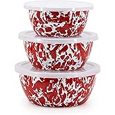Golden Rabbit Enamelware Nesting Storage Bowls with Lids, Set of 3, Red Swirl