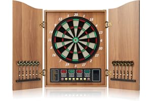 Hanbramo Dart Board, Decorative Dart Board Cabinet Set [12*Soft Tip Darts], Electronic Dart Board - Wooden Cabinet Doors with Integrated Scoreboard for Family Game Rooms