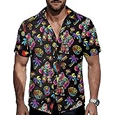 Zando Neon Shirts for Men - Funny Hawaiian Vibrant Tropical Print Button Down Rave Outfit Top for 80s Party Vacation Festival