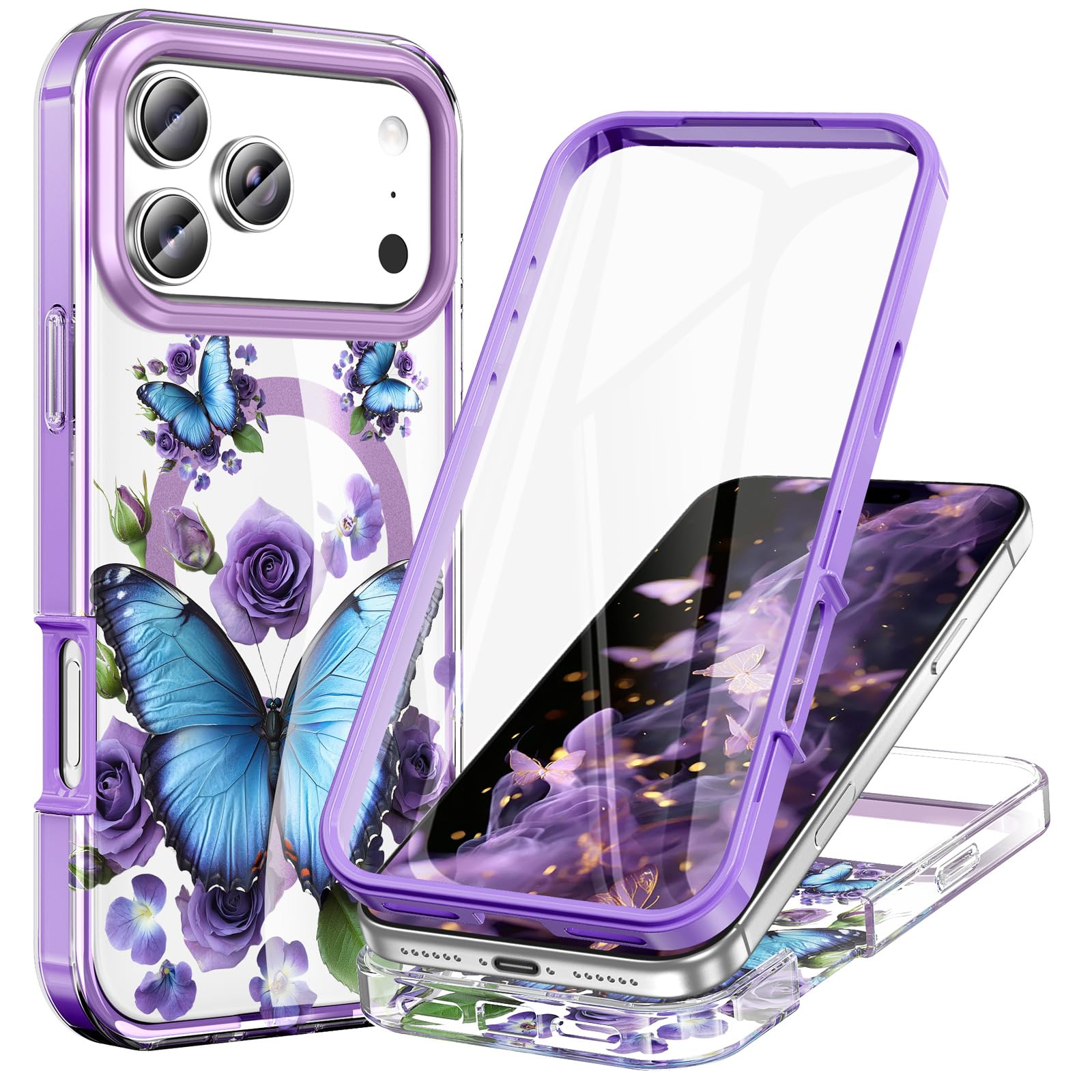 STERKER Designed for iPhone 17 Pro Max Case 6.9" [Compatible with Magnetic] [Built-in Screen Protector] Full Body Rugged Drop Proof 17 ProMax Cover - Butterfly Whisper in Violet Bloom
