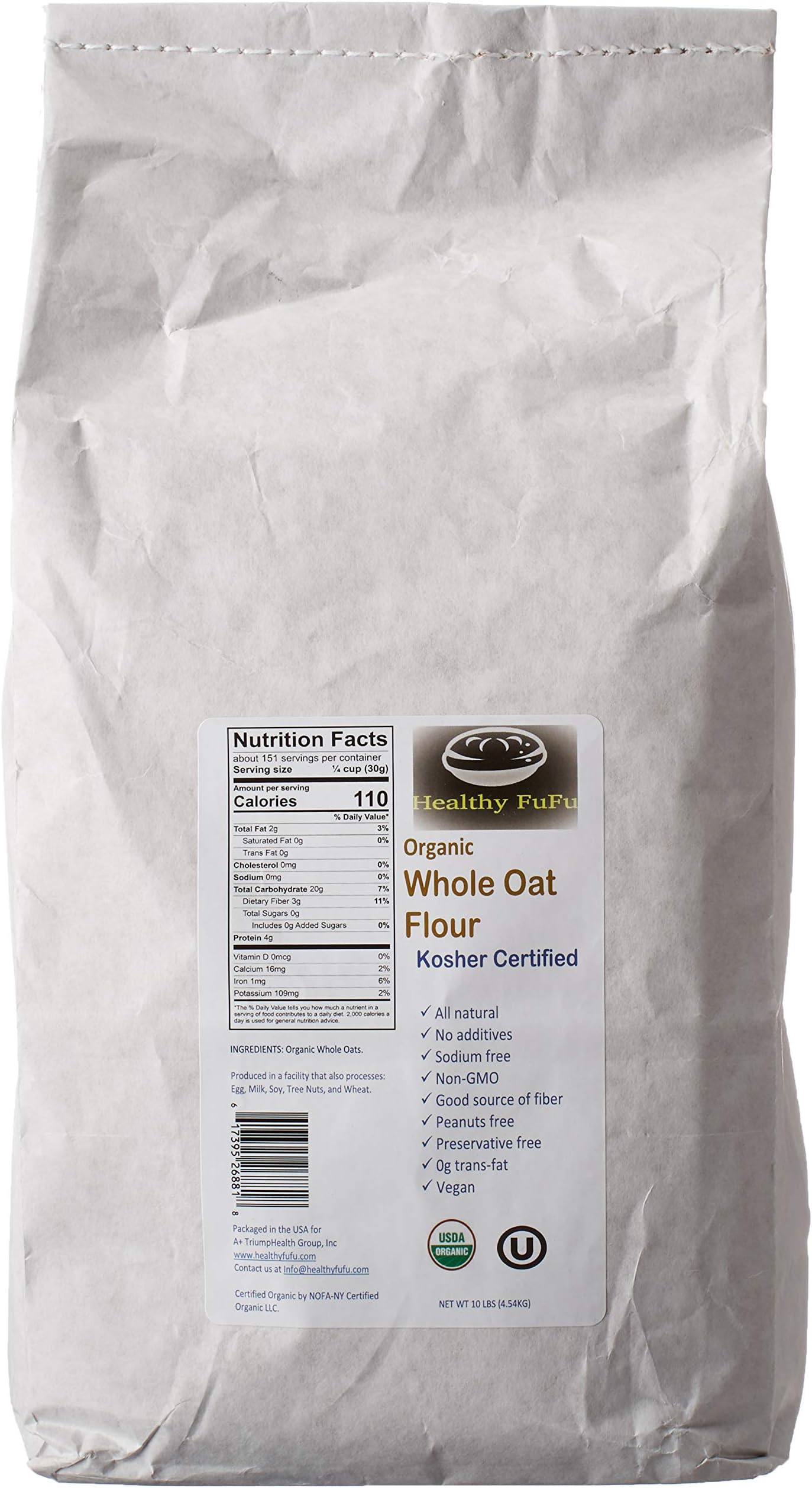 Healthy FuFu Organic Whole Oat Flour (10 lb)- Top Grade Finely Ground Oat Flour - Kosher
