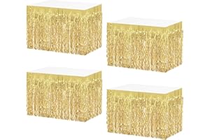 MZJU 4P Wavy Metallic Tinsel Foil Fringe Table Skirts for Rectangle Tables Backdrop Garland Curtains for Parade Floats Wedding Birthday Parties Decoration Halloween Christmas (Light Gold)
