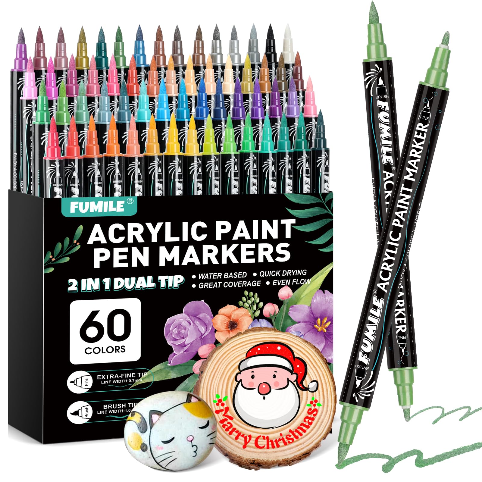 Photo 1 of ** USED** FUMILE 60 Colors Acrylic Paint Markers Dual Tip(Fine and Brush Tip), Acrylic Paint Pens paint Marker for Wood, Rock, Plastic, Glass, Ceramic, Canvas.Acrylic Markers Set for Art.