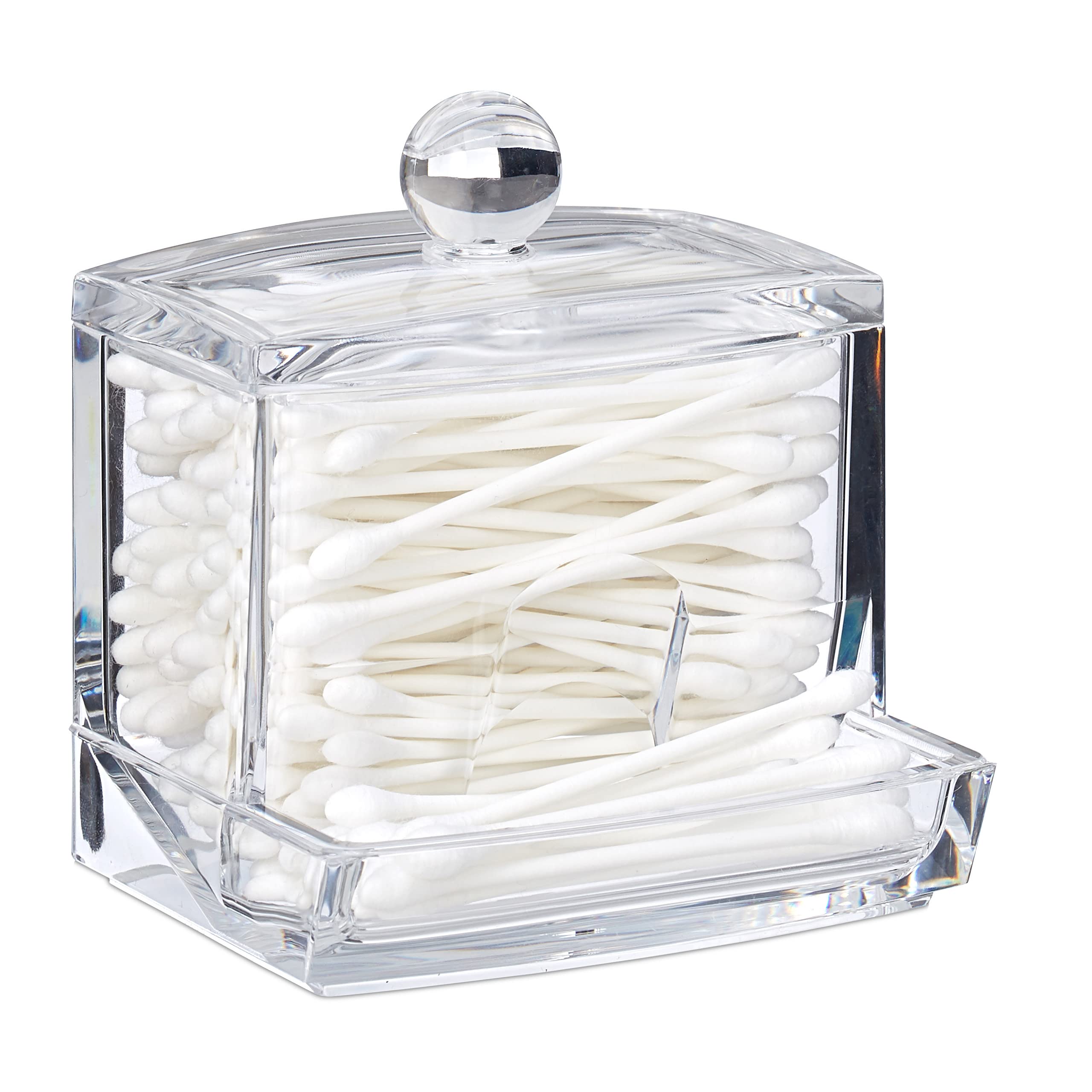 Relaxdays Cotton Swab Storage Box, Acrylic Lidded Organiser, Stick Bathroom Dispenser, Size M, Clear, 10x9x8 cm