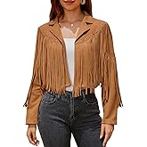 UpFind Women's Fringe Faux Suede Leather Jackets Fashion Fall Western Tassel Motorcycle Cropped Open Front Coats with Rivets