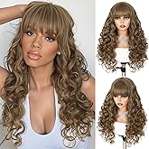 WIGER Mixed Brown Curly Wigs with Bangs Glueless Curly Wavy Wigs for Women Layered Synthetic Fiber Wig for Daily Wear Cosplay and Halloween
