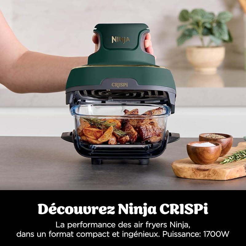 CRISPi Air Fryer Design Compact, 3,8L + 2,3L + 1,4L, 4-en-1: cuisson à l'air chaud, rôtisserie, maintien au chaud, croustillant, 3 récipients en verre amovibles avec couvercles, Vert, FN103EUGN — photo 3 sur 8