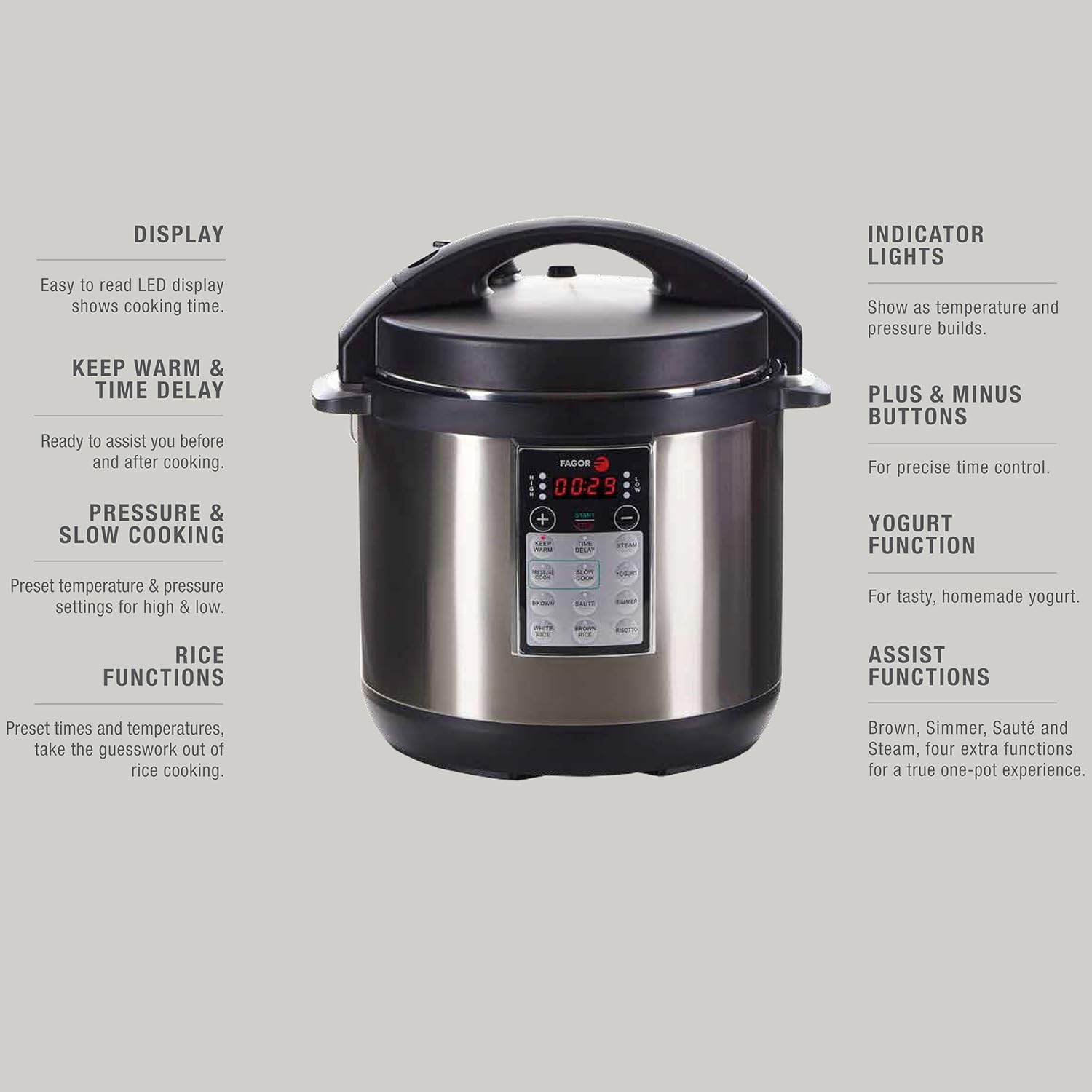 Amazon.com: Fagor LUX Multi-Cooker, 6 quart, Electric Pressure Cooker, Slow  Cooker, Rice Cooker, Yogurt Maker and more, Silver - 670041880: Kitchen &  Dining