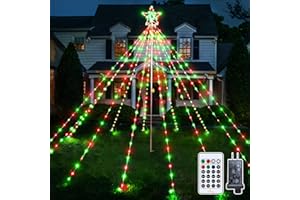 Ollny Christmas Lights Tree Red&Green 340LED with Topper Star, IP67 Waterproof Remote Control Waterfall Lights with Pole, 16 Lighting Modes Timer Dimmable Light Decorations Outdoor Yard Garden Lawn