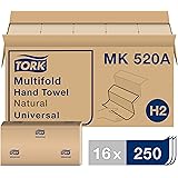 Tork Multifold Hand Towel, Natural, H2, Universal, 3-Panel, 100% Recycled Fibers, 1-Ply, 16 x 250 Sheets - MK520A
