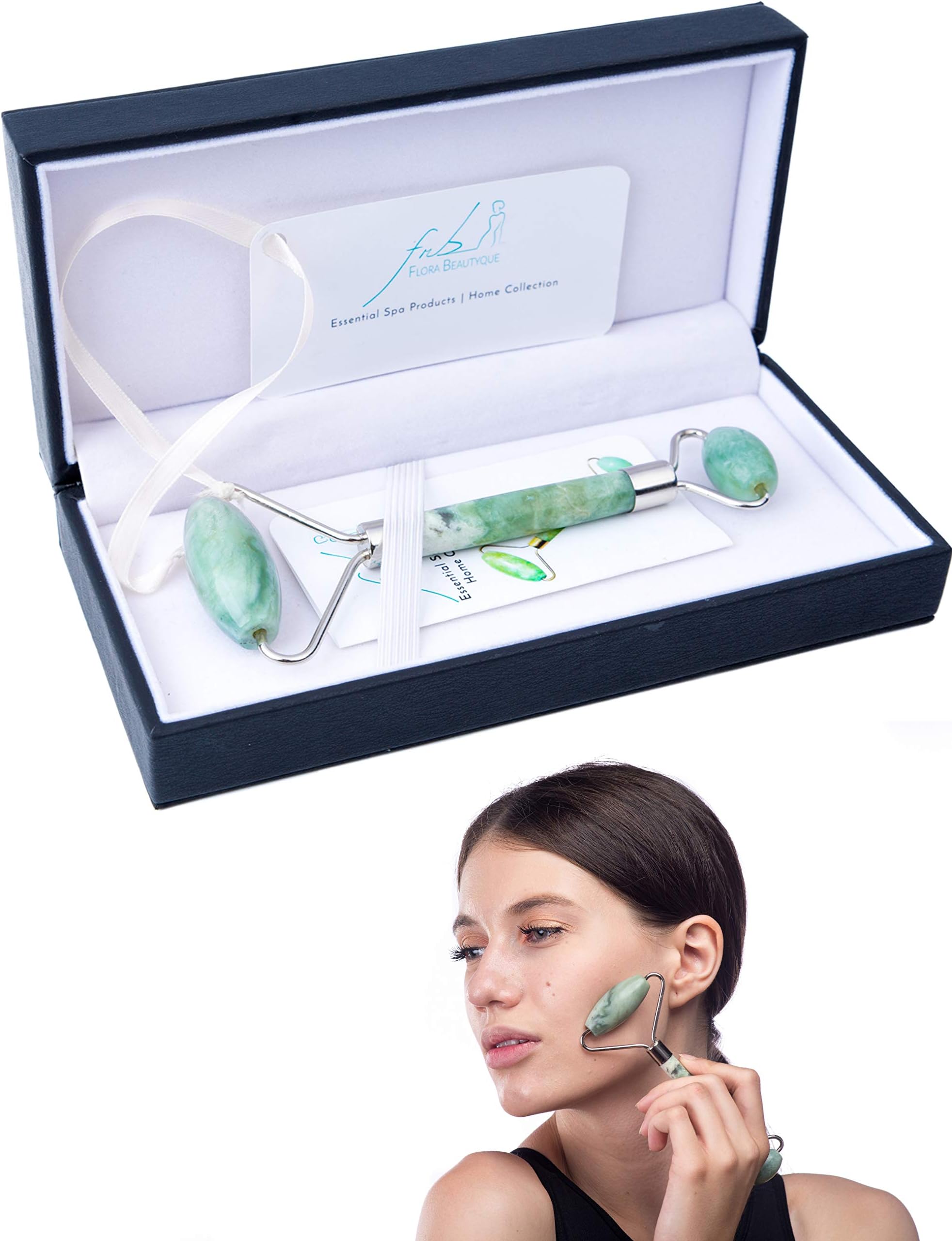 Jade Face Roller by Flora Beautyque. Helps with Facial Lymphatic Drainage, Eye Puffiness and Anti-Aging Treatment (Light Green)
