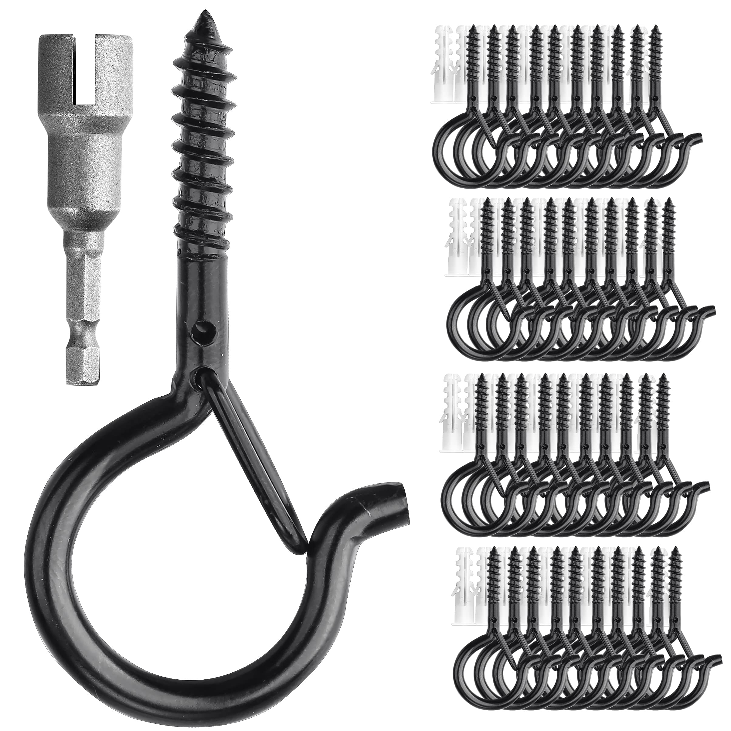 Photo 1 of PlusRoc 40 Pack Ceiling Hooks for Hanging Plants, String Lights, Heavy Duty Outside Screw in Q-Hanger, 2.2 Inch Black Cup Hooks, Wall Ceiling Deck Mount