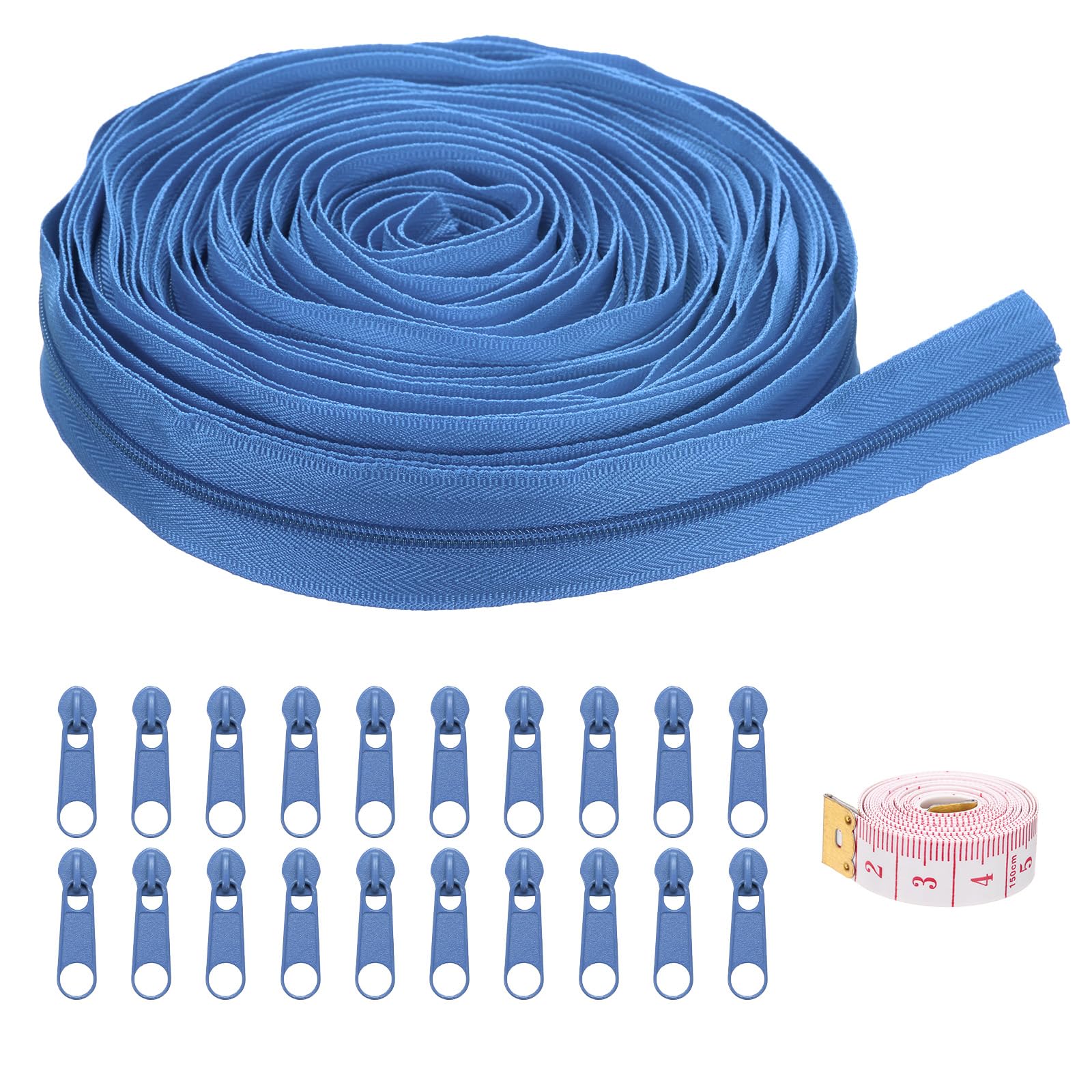 uxcell #3 10 Yards Nylon Coil Zippers, Bulk Coil Zipper by The Yards with 20 Pcs Zippers Sliders and Ruler for DIY Tailor Sewing Craft Bag Clothes, Light Blue