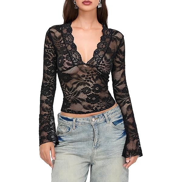 Women Y2K Lace Long Sleeve Tops Sexy Going Out Crop Top