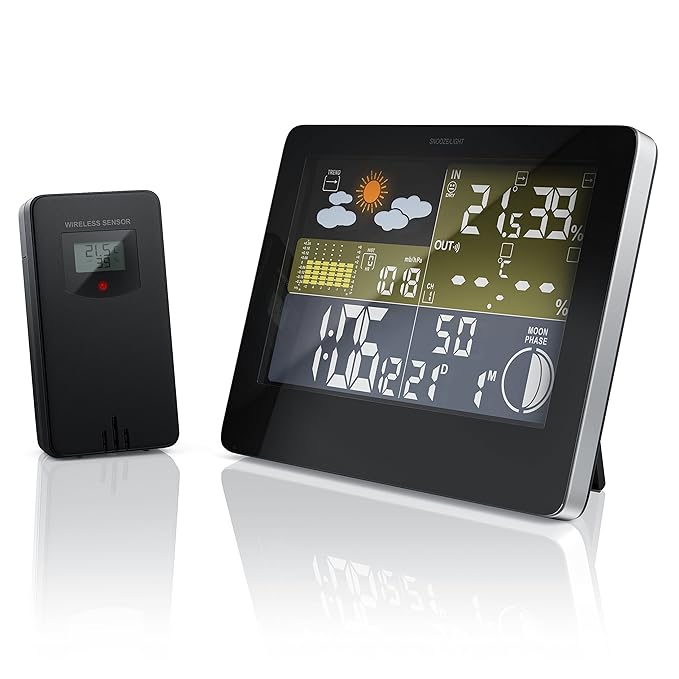 CSL - Funkuhr mit Temperaturanzeige | Farbdisplay | inkl. Funk Außensensor | Wetteranzeige | Mondphasen-Anzeige/Innen- und Au