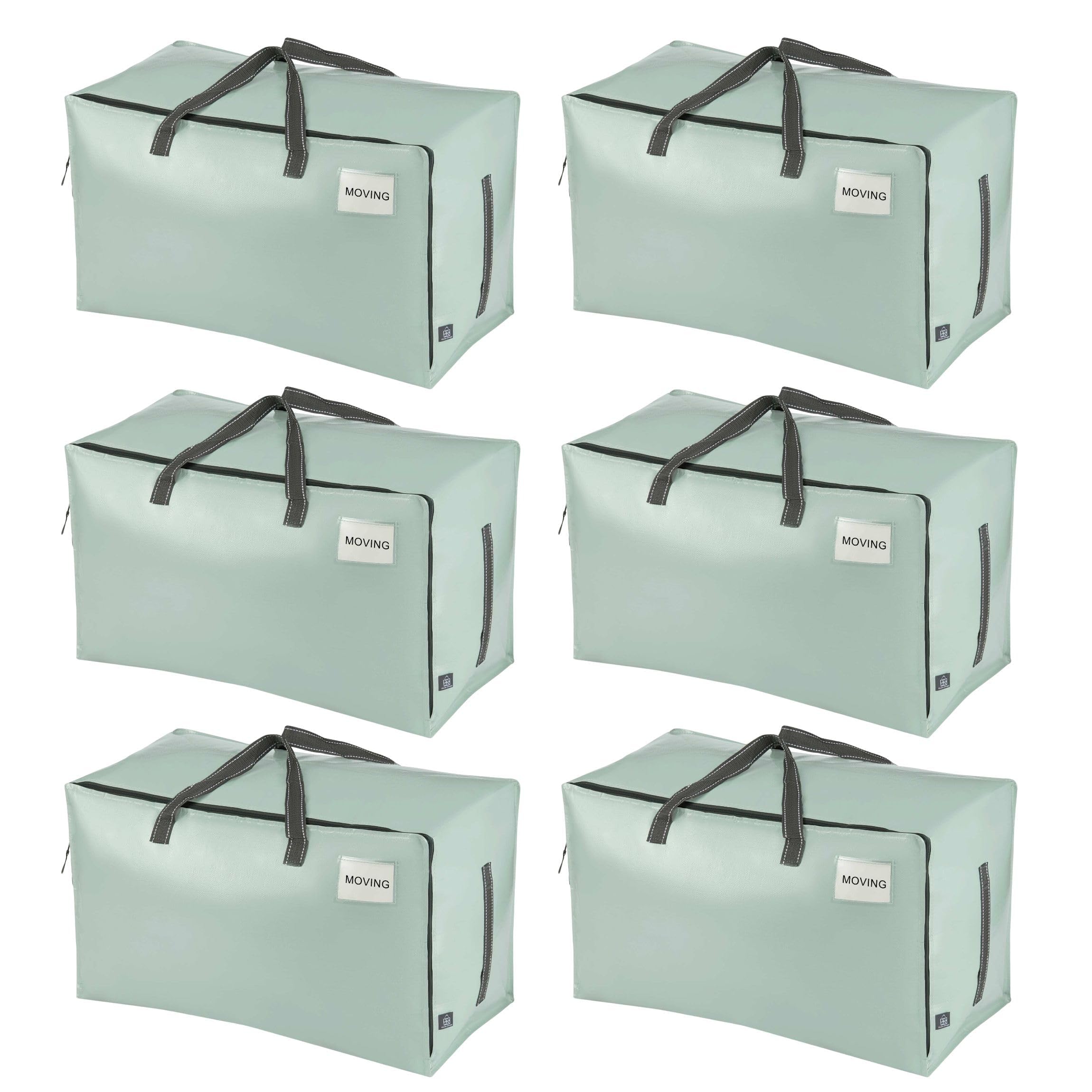 VENO 6 Pack Heavy-Duty Oversize Large Storage Bag Organizer with Zips and Tag Pocket for Moving, Clothes Storage, Laundry Bag, House Essentials, Sustainable, Water-Resistant (Light Green, 6 Pack)