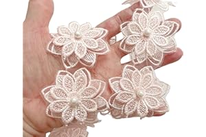 PEPPERLONELY 1 Yard 18PC 3D Pearl Flower Embroidered Lace Edge Trim Ribbon, Flower Size 1.75 x 1.75 Inches, Pink