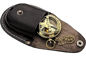 KNB HANDICRAFT Brass Sundial Compass with Leather Case and Chain - Push Open Compass - Steampunk Accessory - Pocket Sundial Compass - Beautiful Handmade Gift -Sundial Clock, Gold, 2 Inch