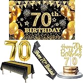 70th Birthday Decorations Men Women with 70th Birthday Banner, Black and Gold Table Cloth,Number Balloons, Large Sash, Cake Topper and Candles