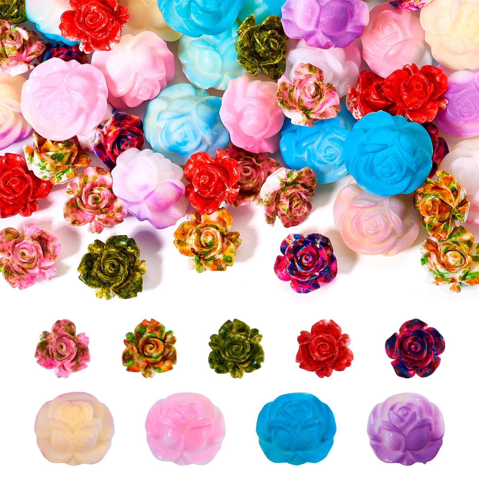 Crafans 54Pcs Camellia Flower Resin Beads 9 Styles Flowers Spacer Beads Colorful 3D Camellia Opaque Beads Bulk for DIY Bracelet Earring Necklace Jewelry Making