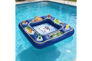 100cm Inflatable Pool Poker Table with Waterproof Playing Cards - 4 Person Floating Card Table for Adults - Blue & Gold Premi