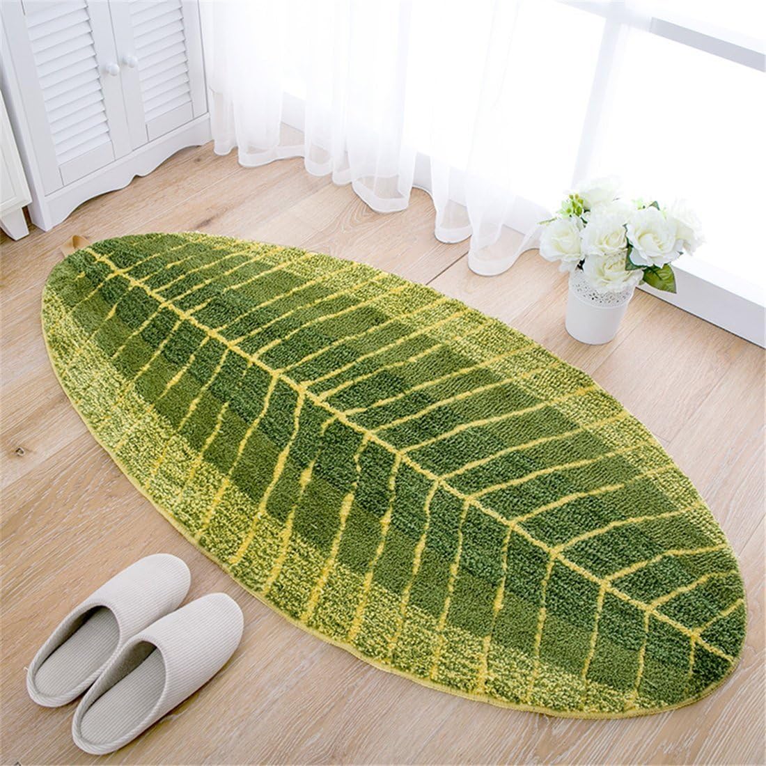 JameStyle26 Bath Mat Non-Slip Door Mat Green Leaf Palm Bath Mat Non-Slip Shower Mat Quick Drying Kitchen Mat Bathroom Rug Mat, Polyester, Green, 45 x 120 cm