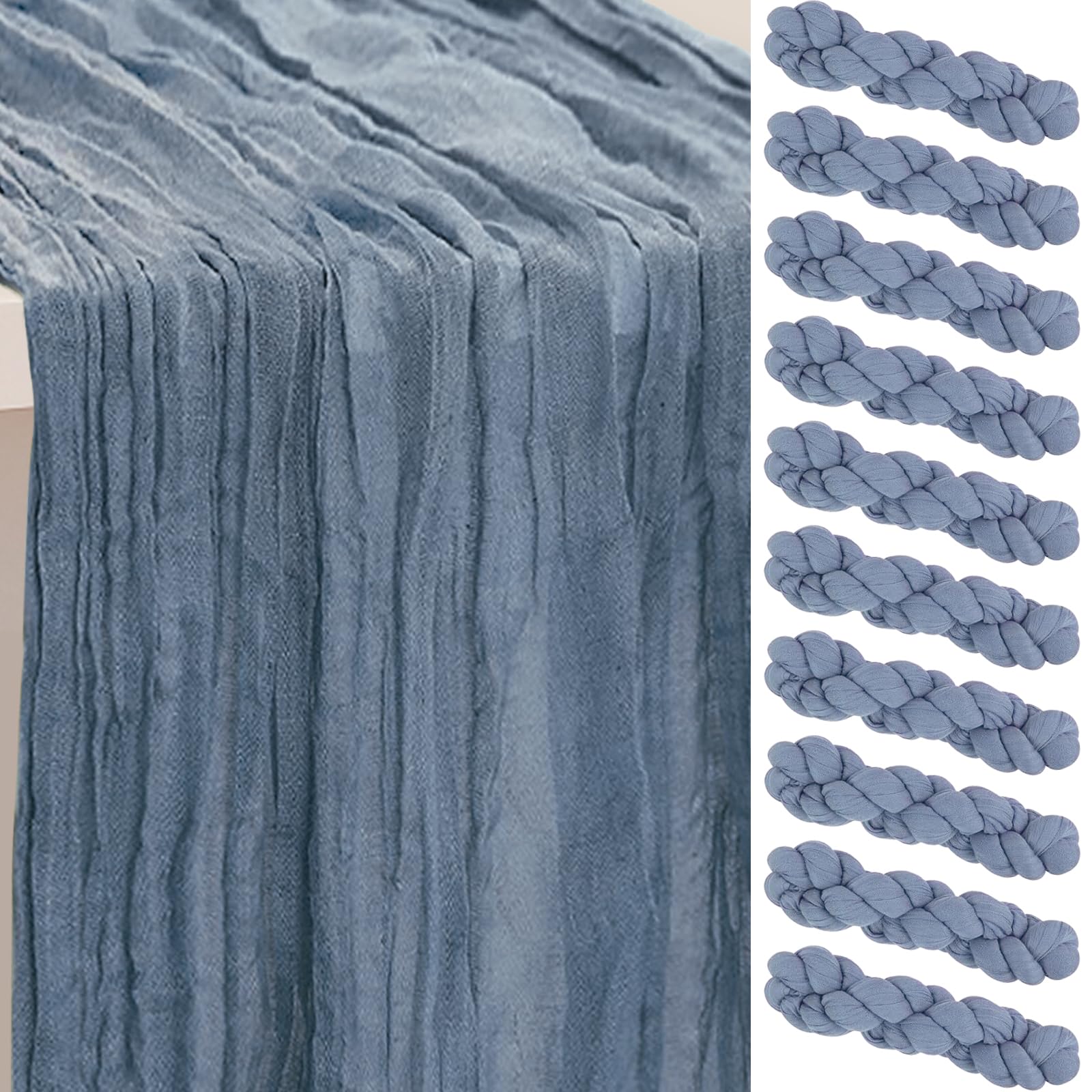 Photo 1 of 10 Pack Dusty Blue Cheesecloth Table Runner 35x120 Inch 10Ft Rustic Gauze Cheese Cloth Table Runner Sheer Cheesecloth Table Runners for Wedding Party Bridal Shower Decoration