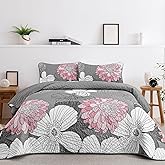 Anibedding 3Pieces Floral Printed Quilts Queen Size, Pink Boho Lightweight Queen Size Bedspread Set with 2 Pillowcases for Bedroom All Season