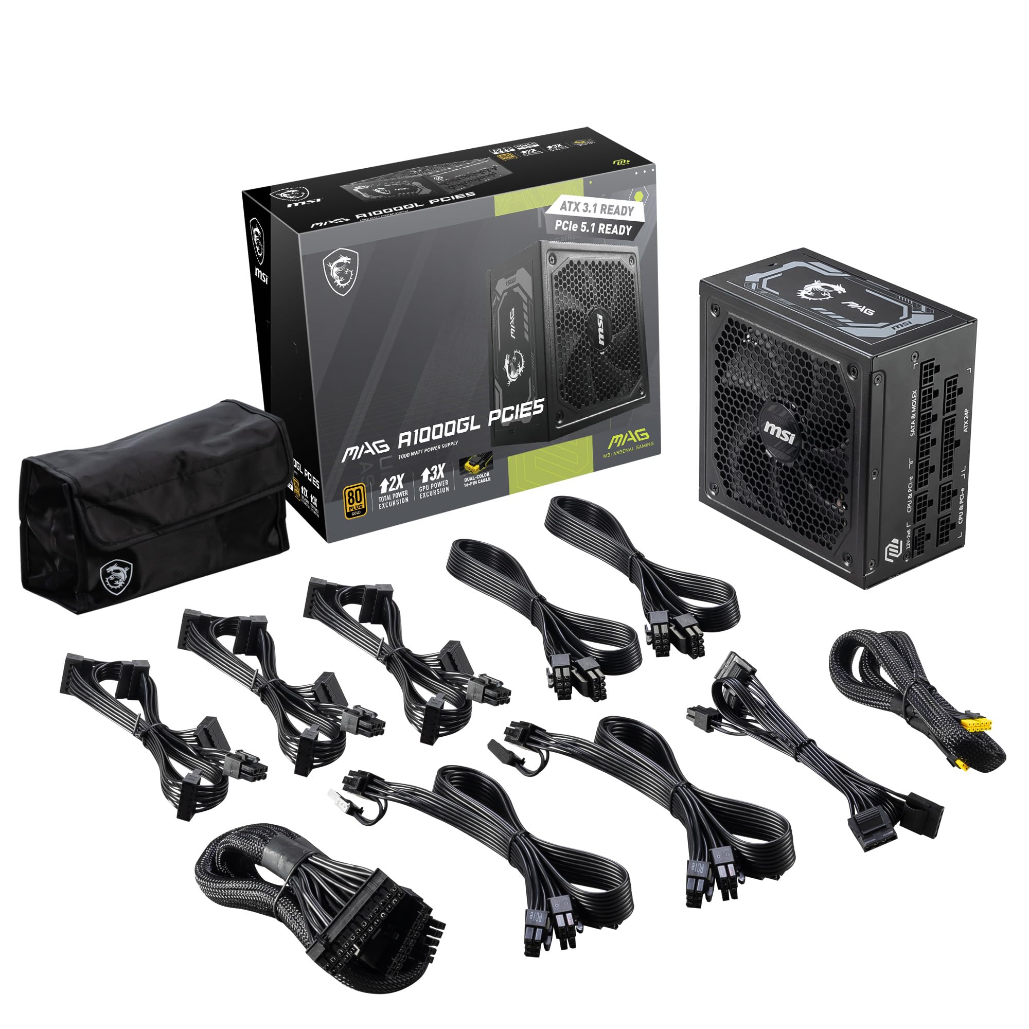 MSI MAG A1000GL PCIE5, Fully Modular Compact Gaming 1000W Power Supply, 80+ Gold, ATX 3.1 & PCIe 5.1 Ready, Native Dual-Color 12V-2x6 Cable, 10 Year Warranty