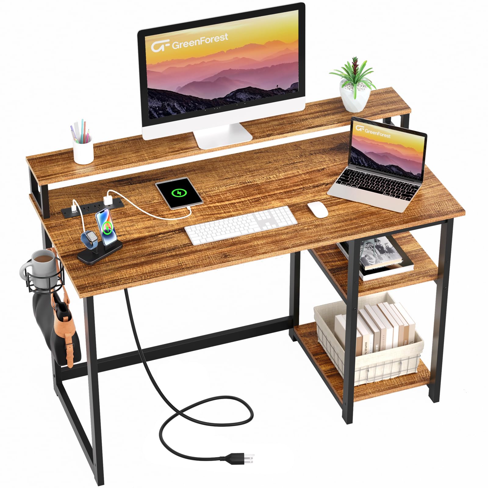 Photo 1 of ** USED *** GreenForest 47 inch Computer Desk with Power Outlets, Small Home Office Desk with Ergonomic Monitor Stand, Reversible Gaming Desk, Modern Study Desk, Laptop Desk, Walnut